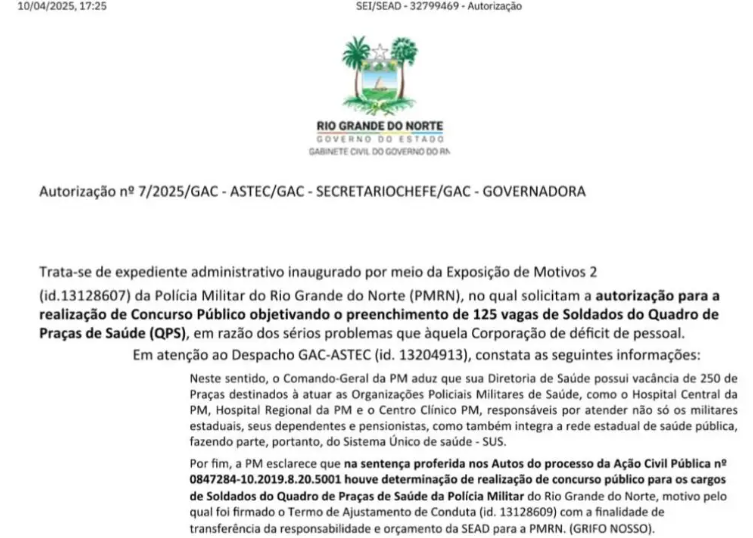 PM RN solicita autorização para novo concurso com 125 vagas para o Quadro de Praças de Saúde