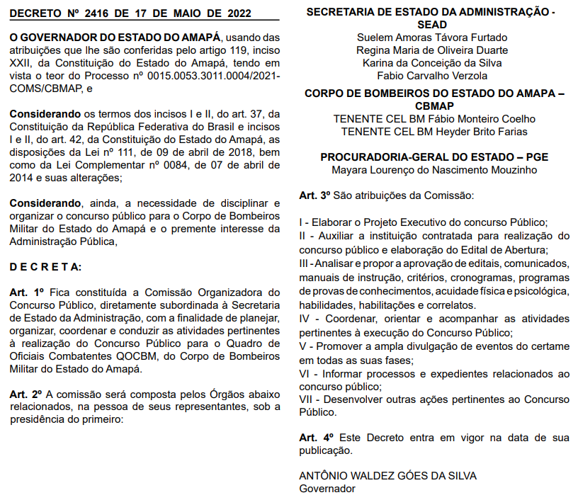Comissão formada - Concurso Bombeiro AP Oficial
