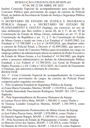 comissão formada concurso Polícia Penal MG