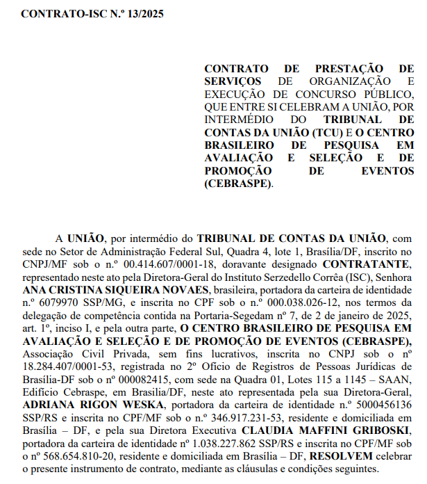 Concurso TCU 2025: contrato com o Cebraspe é assinado!