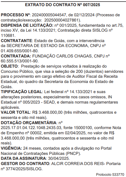 Concurso Sefaz GO 2025: extrato de contrato publicado!