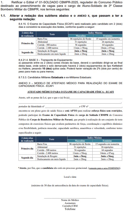 Mudanças textuais no TAF, em nova retificação do concurso Bombeiro PR Soldado 