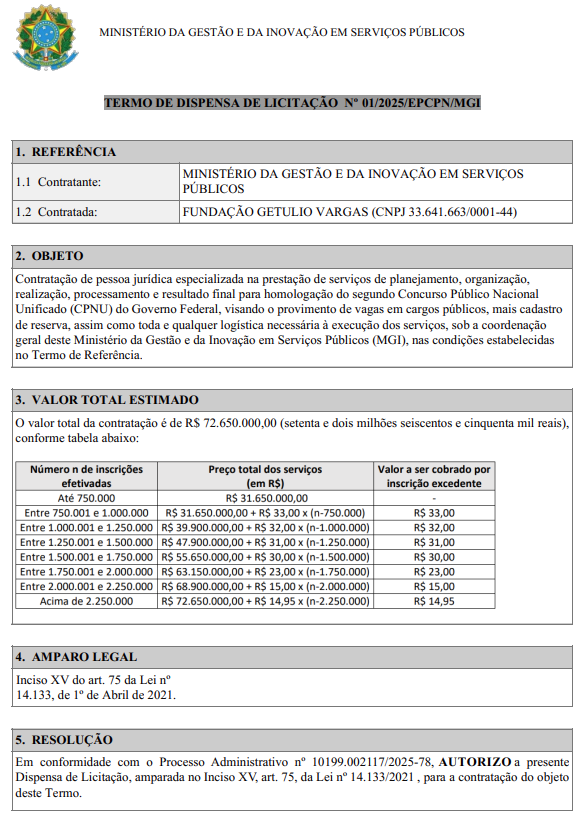 Termo divulgando a FGV como banca organizadora do CNU 2025