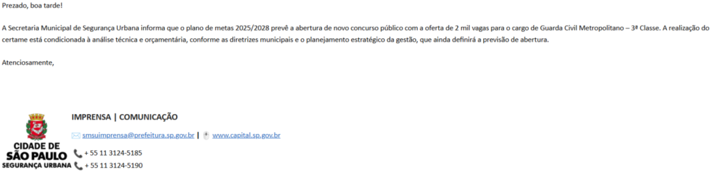 Resposta da Secretaria Municipal de Segurança Urbana ao jornalismo do Estratégia Concursos