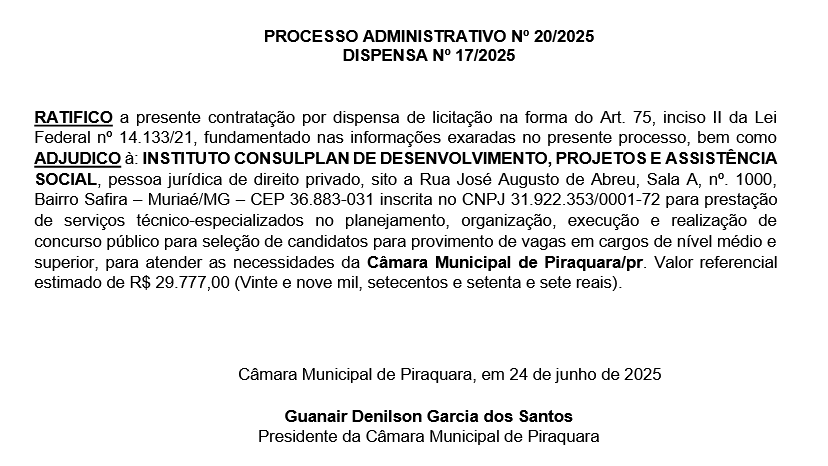 Concurso Câmara de Piraquara PR tem banca definida