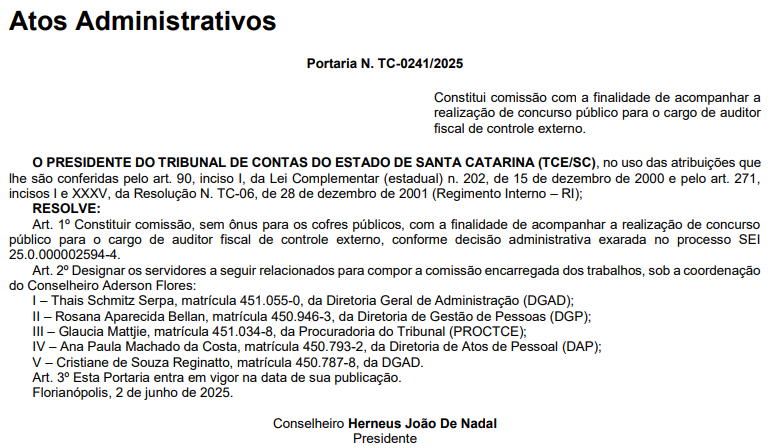 Concurso TCE SC: tem comissão formada para 20 vagas!