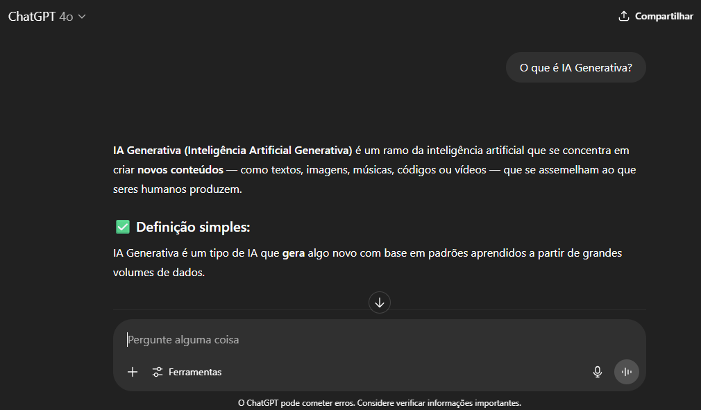 Imagem do chatgpt em que o usuário pergunta "o que é IA Generativa?".