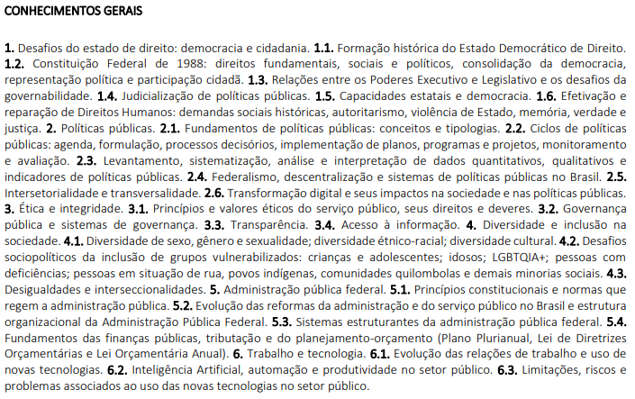 CNU 2025: conteúdo programático de conhecimentos gerais para os blocos 1 a 7 (nível superior)