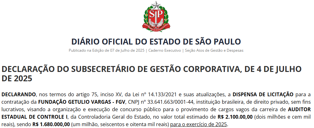 Concurso CGE SP 2025: FGV confirmada como a banca!