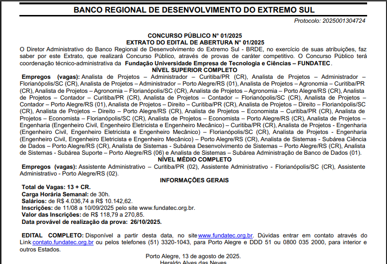 Extrato do edital BRDE