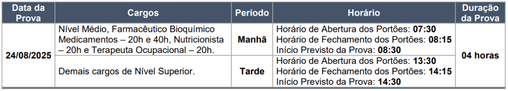 Horários e divisão das provas por cargo