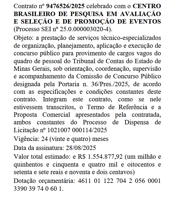 Concurso TCE MG: contrato com o Cebraspe assinado