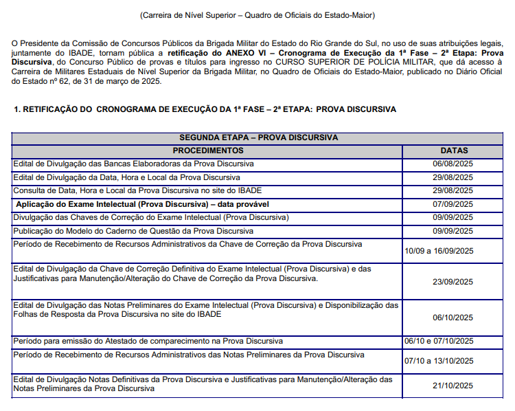 Novo cronograma do concurso Brigada Militar RS - Oficial tem alterações na data da prova discursiva