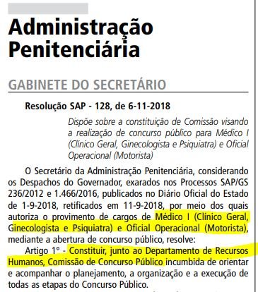 Comissão do concurso SAP SP 2018