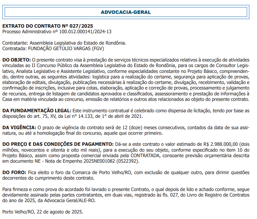 Concurso ALE RO: extrato com a FGV publicado