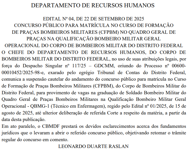 Concurso CBMDF 2025 suspenso para Soldado - Técnico em Enfermagem
