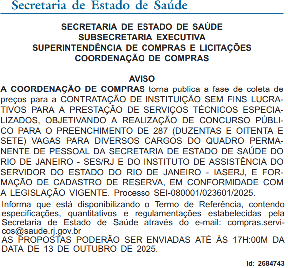 SES RJ inicia processo de contratação da banca do novo concurso