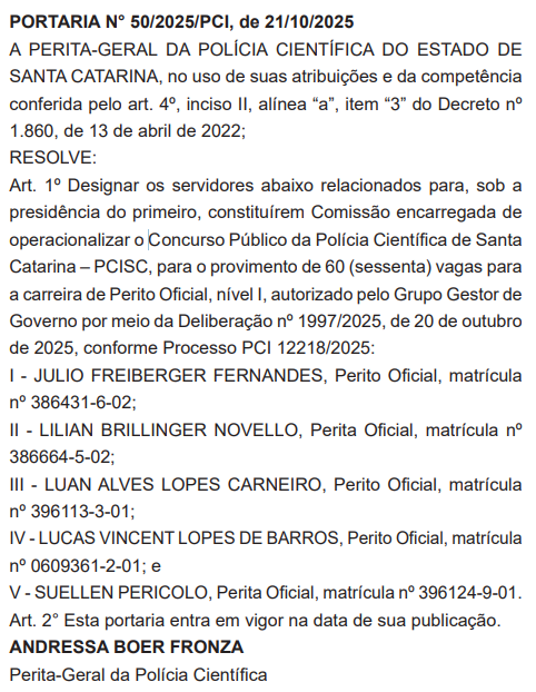 Comissão do concurso Polícia Científica SC