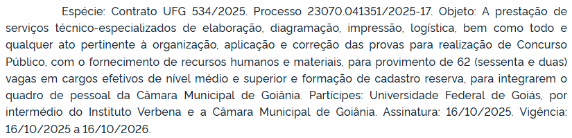 Extrato de contrato do concurso Câmara de Goiânia/GO