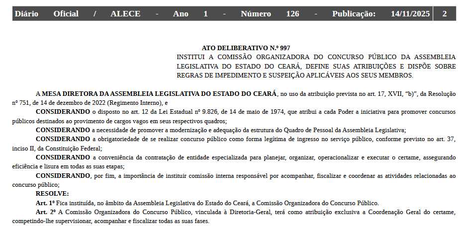 Concurso ALECE tem comissão formada