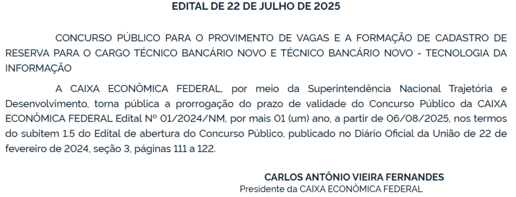 Validade do concurso Caixa 2024 seguirá até 08/2026