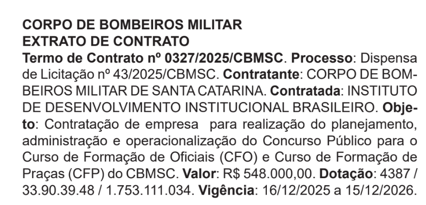 Extrato de contrato com o IDIB - concurso Bombeiros SC