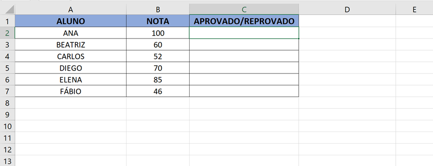 Função SE Excel: exemplo 2