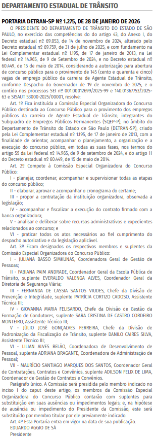 Membros que passam a compor a comissão do concurso Detran SP        