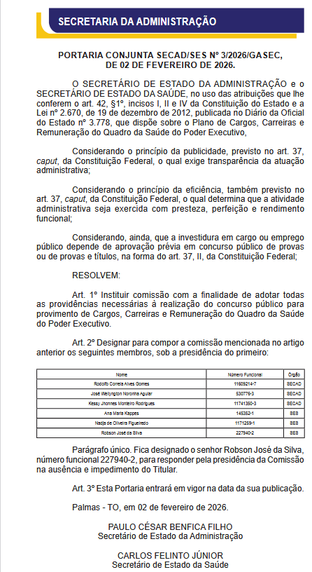 Concurso SES TO tem comissão formada